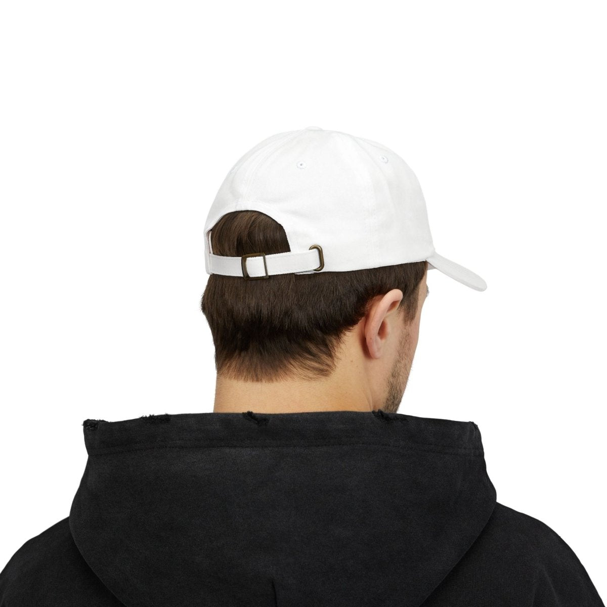 19grams weiße Cap und schwarzer Hoodie getragen von einem Mann, Rückansicht