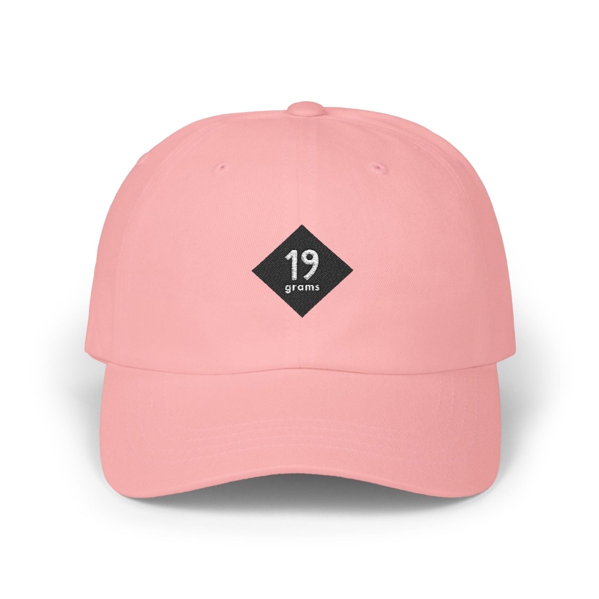19grams Pinke Baseball Cap Frontansicht freistehend – Cap mit 19grams.live Roasters Logo, Produktfoto Merchandise