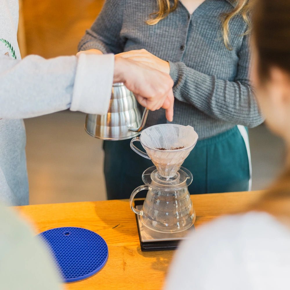 Wasser wird über V60 Dripper gegossen beim 19grams Filterkaffee-Kurs mit Arundhati Shenoy – Pour-Over Brewing Technik beim Specialty Coffee Workshop Berlin