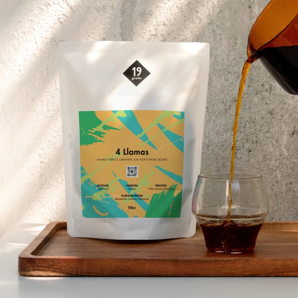 19grams 4 Llamas Bolivien Rare Filter Kaffee Tüte mit frischem Filterkaffee der in ein Glas gegossen wird - Geisha Filterkaffee