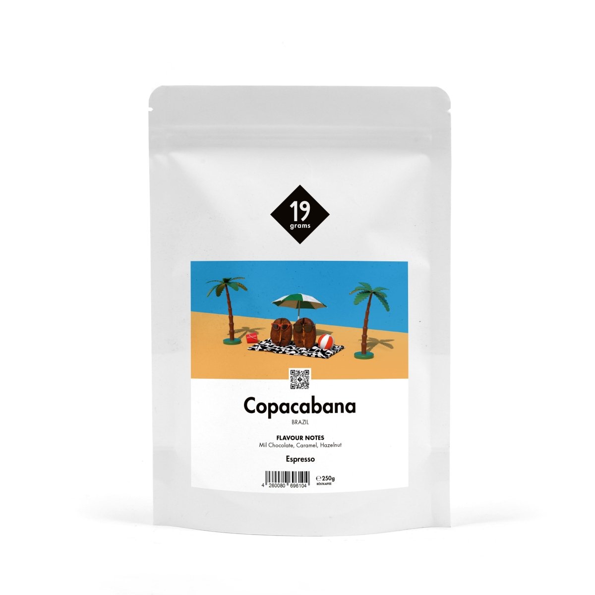 19grams „Copacabana" Espresso 250g – Freisteller mit tropischer Strandillustration, Palmen und Sonnenschirm
