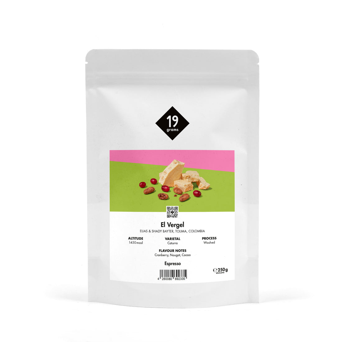 19grams El Vergel Specialty Coffee Espresso – Kaffeebeutel Produktmockup, Espresso 250g, Kaffeerösterei Berlin