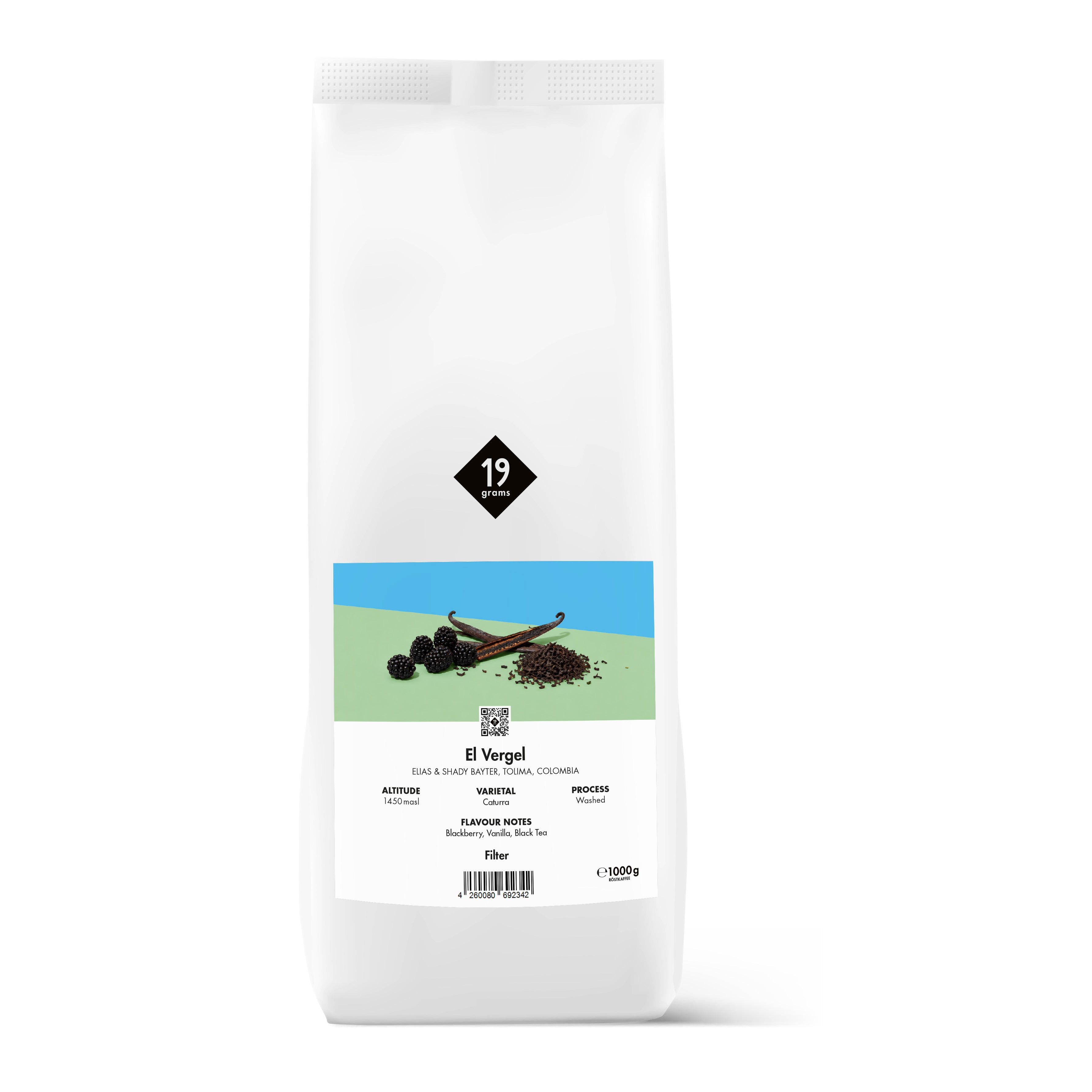 19grams El Vergel Specialty Coffee Filter – Kaffeebeutel Produktmockup, Filterkaffee 1000g, Kaffeerösterei Berlin