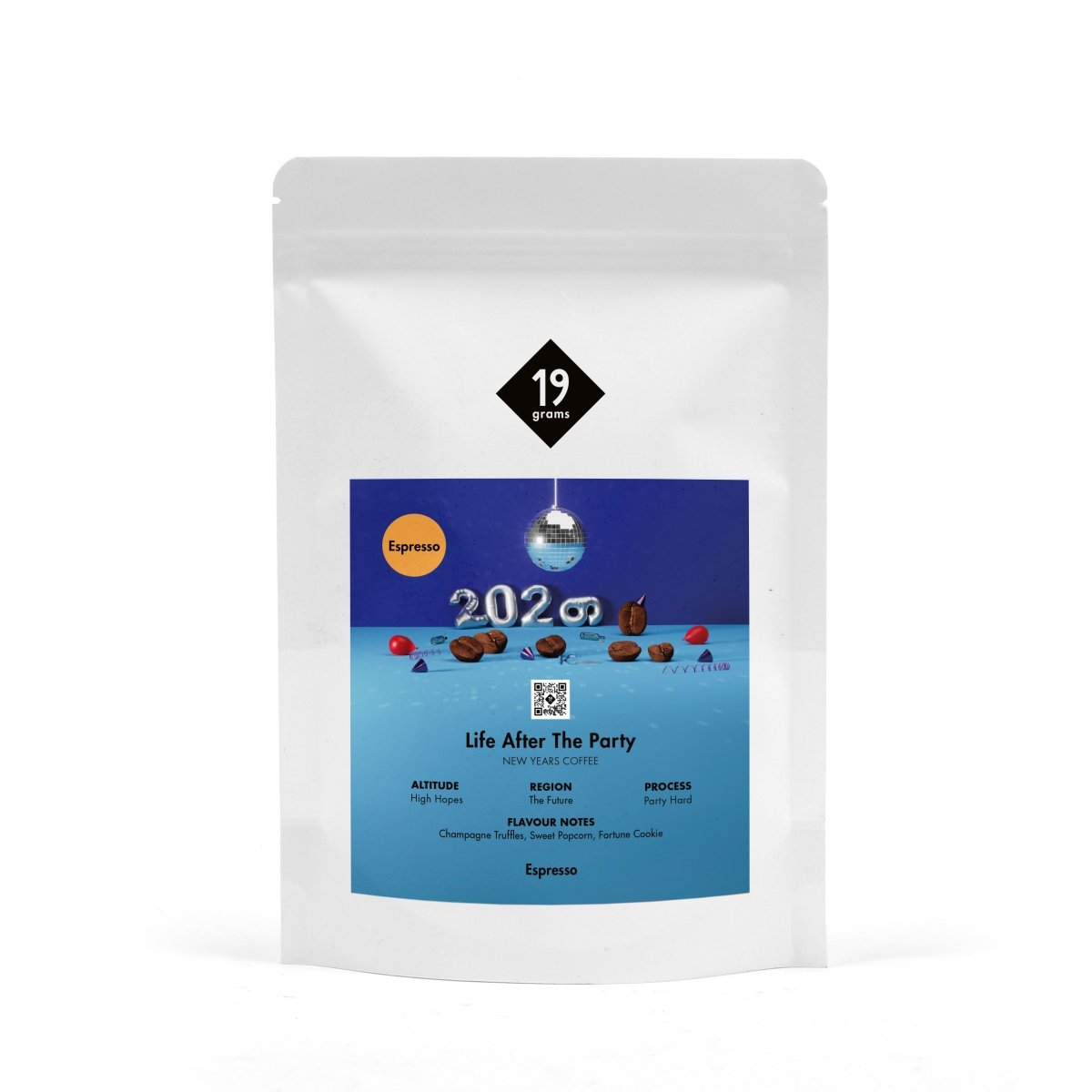 19grams Life After The Party Espresso – Produktmockup 250g Packung Silvester-Edition
