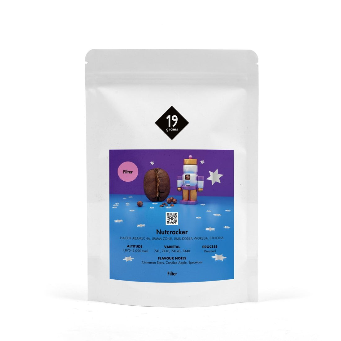 19grams Nussknacker 2025 Filterkaffee – Produktmockup 250g Packung Weihnachten