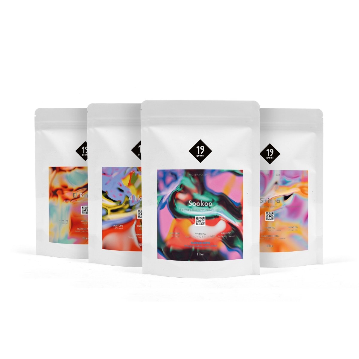 19grams Rockstar Sonntagsadventskalender 2025 – alle vier Kaffees Produktmockup