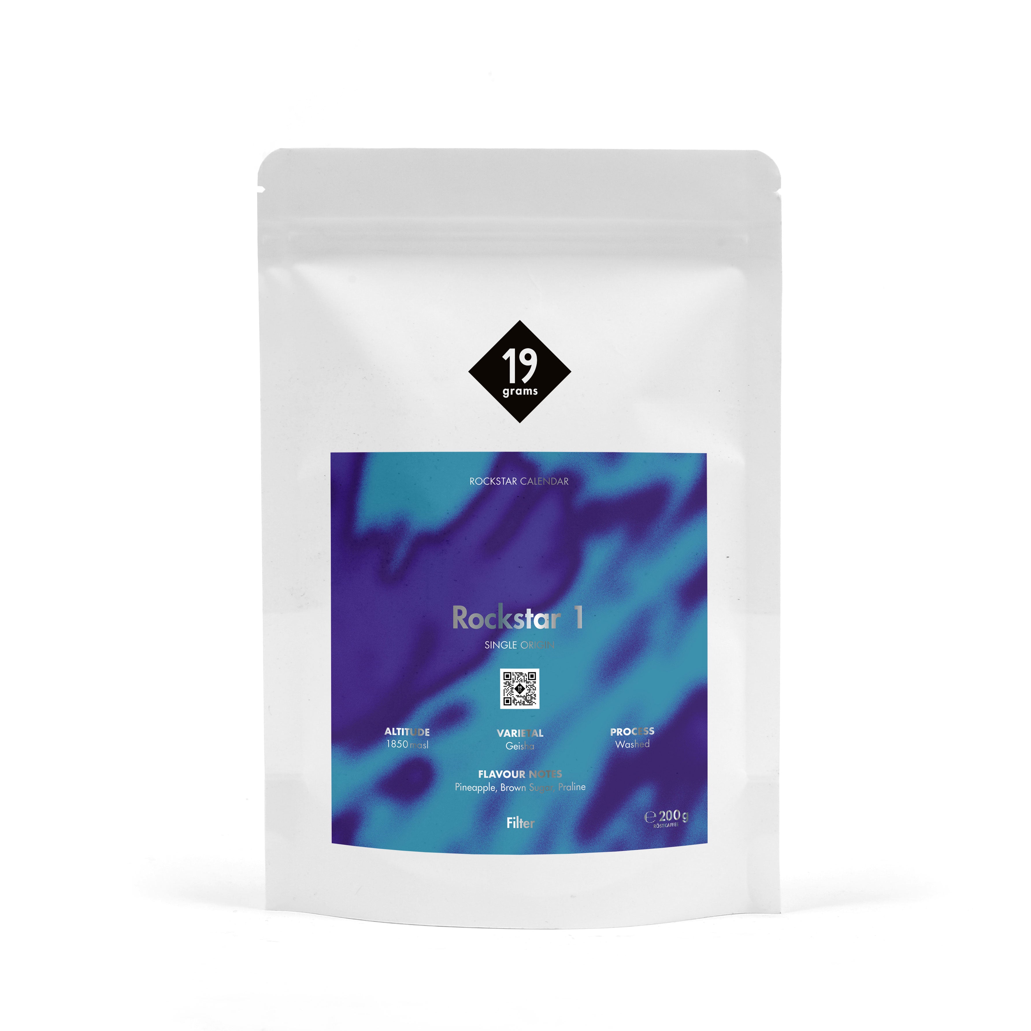 19grams Rockstar 1 Specialty Coffee – 19grams Kaffeebeutel mit blau-violettem Rockstar Calendar Design, Single Origin Filterkaffee 200g, Kaffeerösterei Berlin