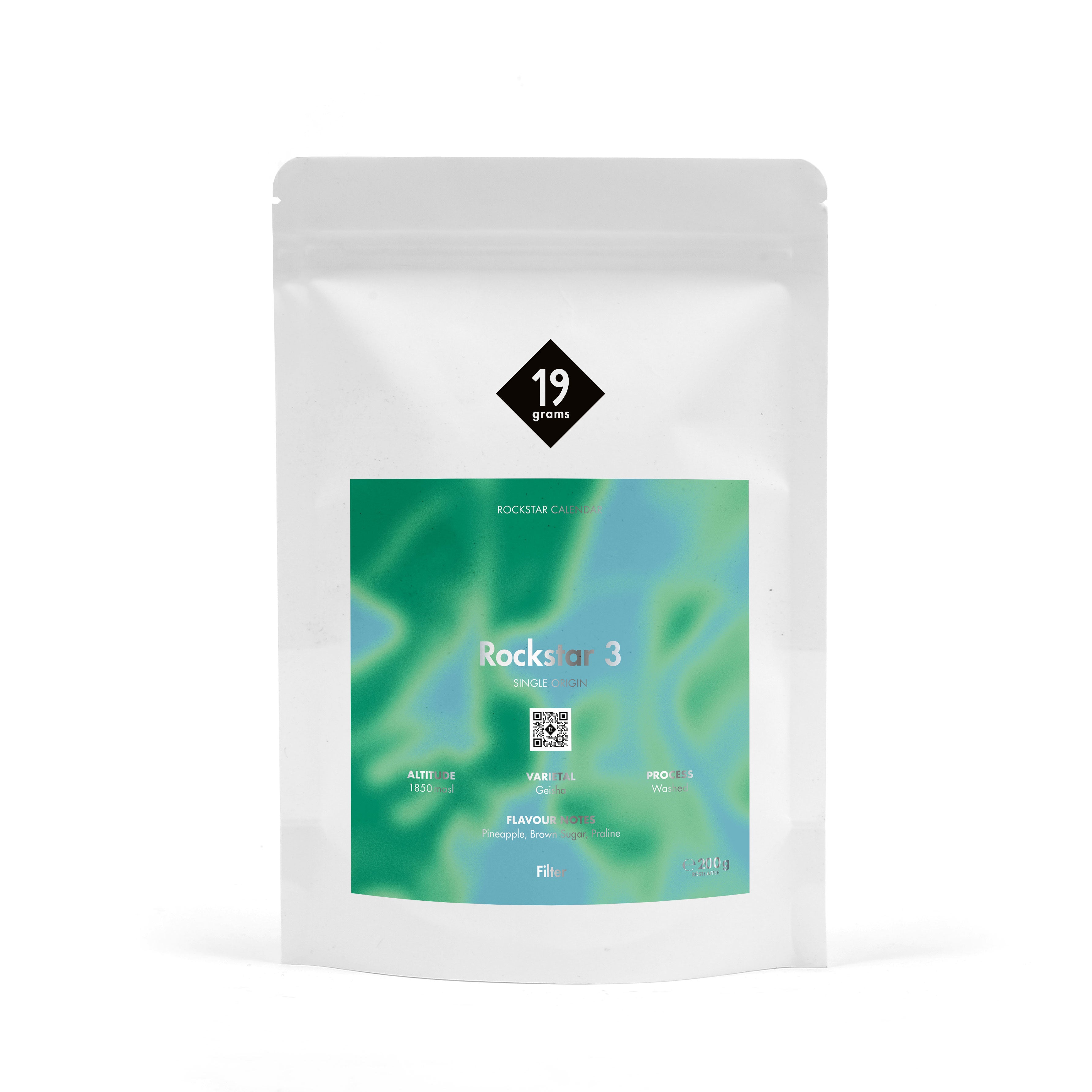19grams Rockstar 3 Specialty Coffee – 19grams Kaffeebeutel mit grün-blauem Rockstar Calendar Design, Single Origin Filterkaffee 200g, Kaffeerösterei Berlin