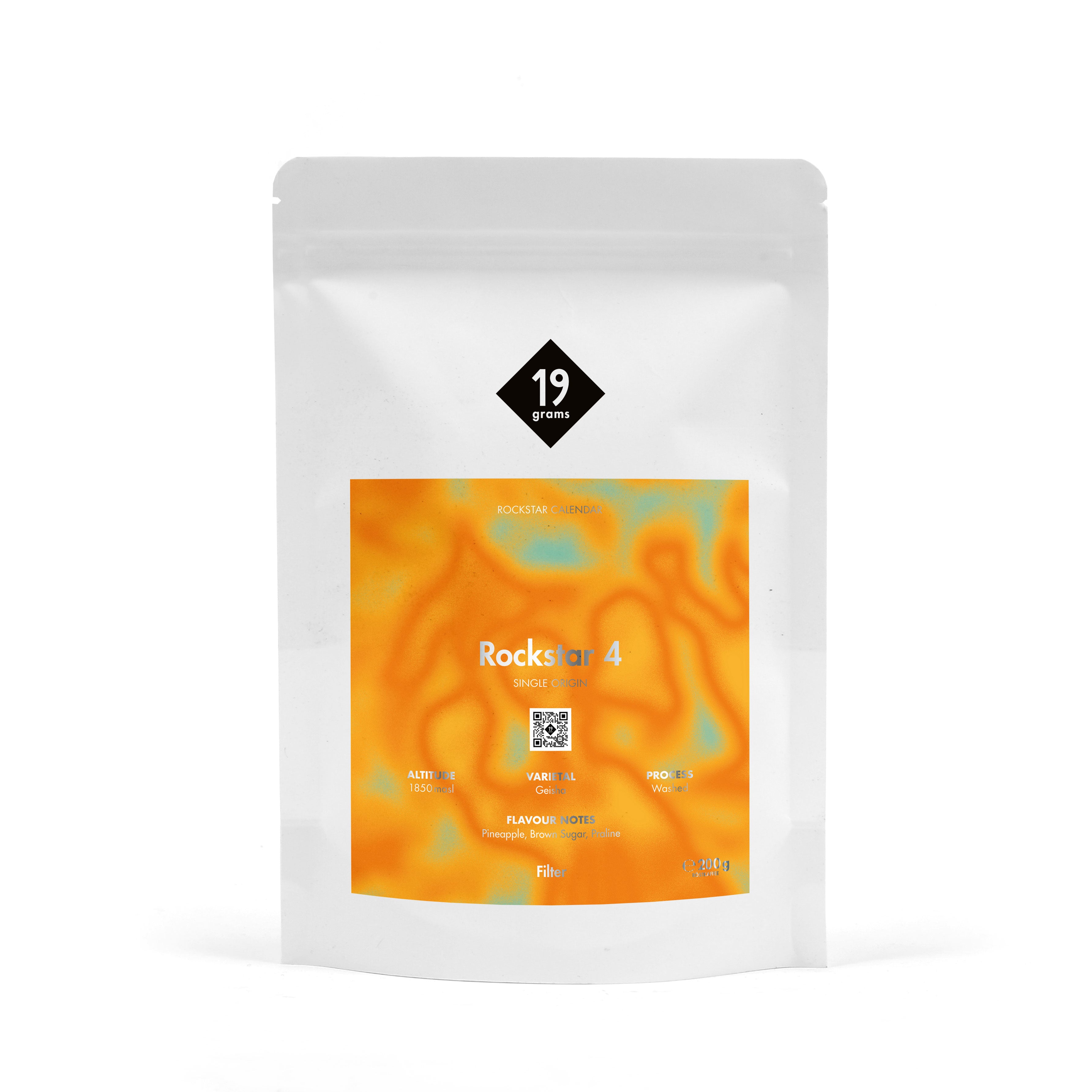 19grams Rockstar 4 Specialty Coffee – 19grams Kaffeebeutel mit orangefarbenem Rockstar Calendar Design, Single Origin Filterkaffee 200g, Kaffeerösterei Berlin