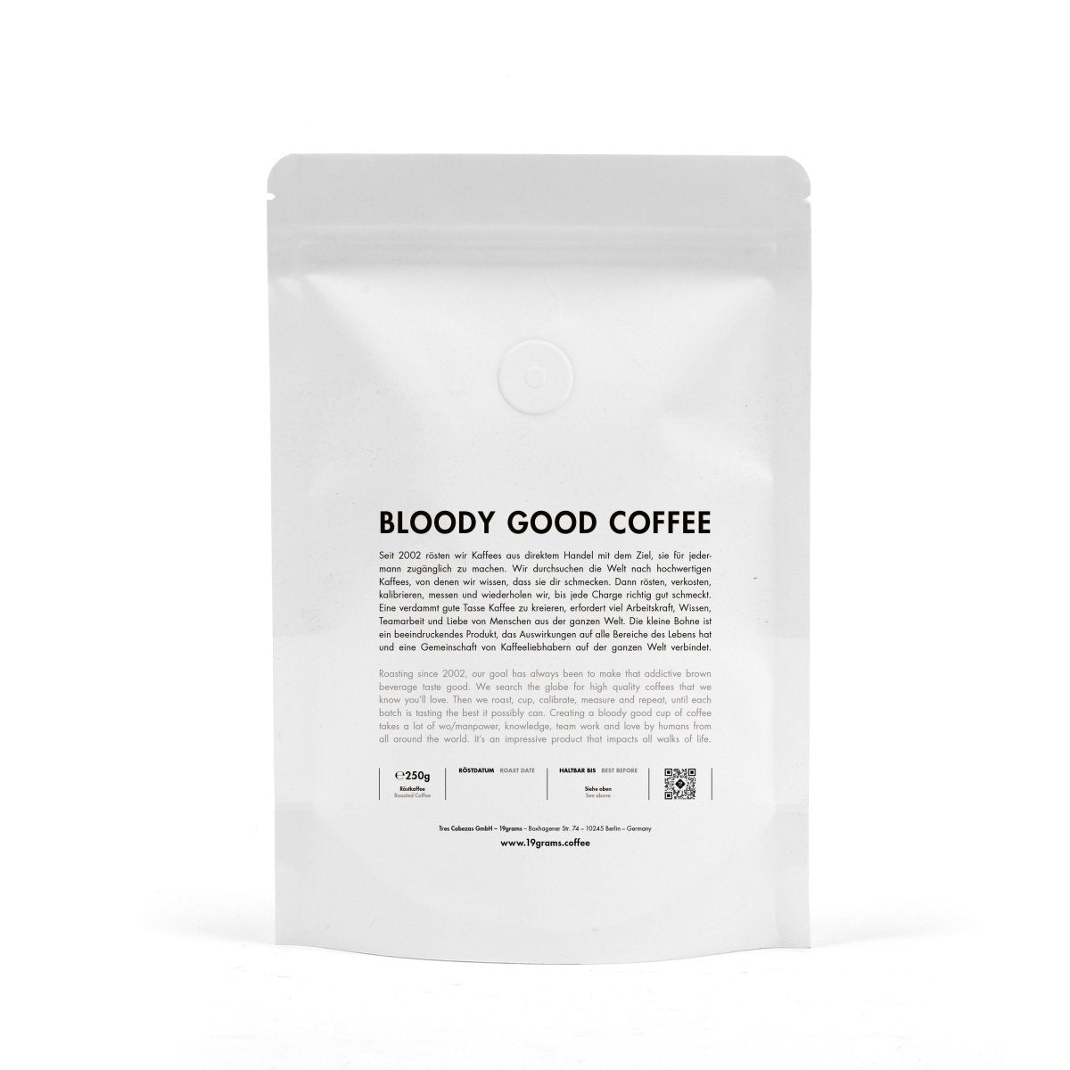 19grams Kaffeebeutel Rückseite 250g – Label-Detail mit Rösterinformationen, Specialty Coffee von 19grams.live Roasters Berlin