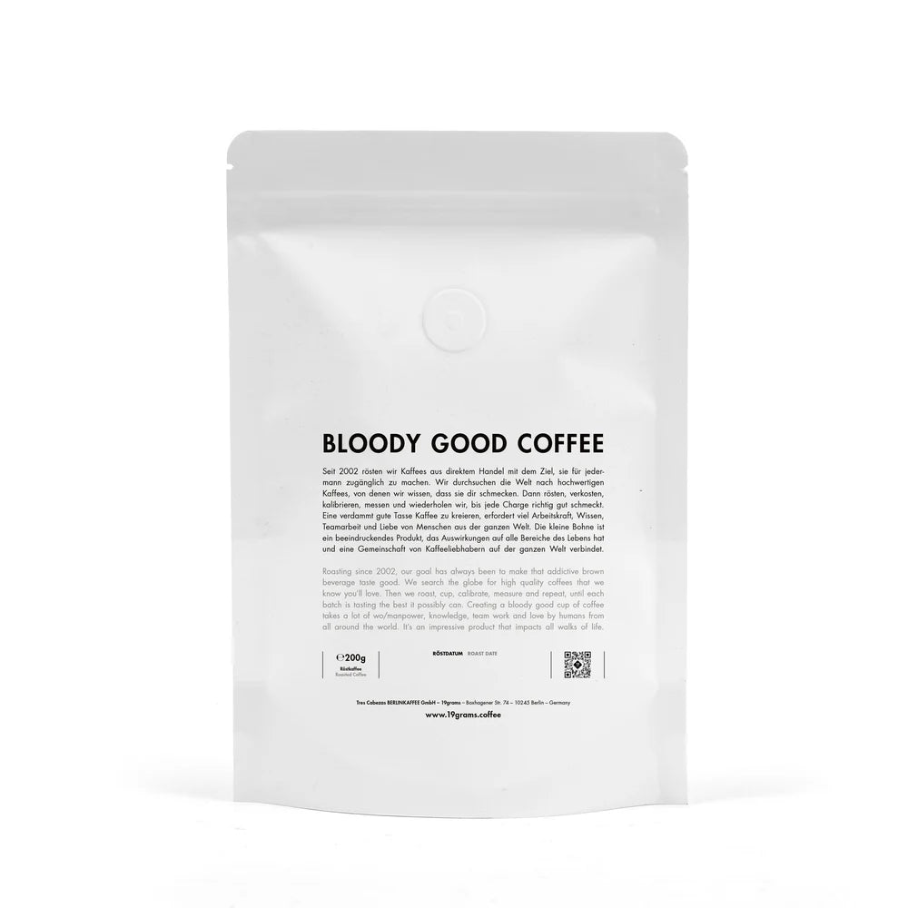 19grams Kaffeebeutel Rückseiten-Label Mockup 200g – Specialty Coffee Verpackung von 19grams.live Roasters Berlin