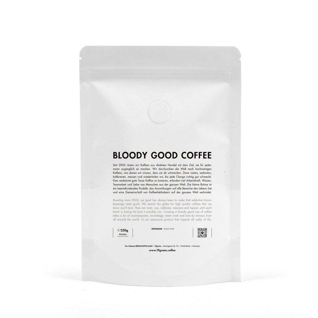 19grams Kaffeebeutel 250g Rückseiten-Label – "Bloody Good Coffee" Text mit 19grams Story, Specialty Coffee Verpackung von 19grams Berlin