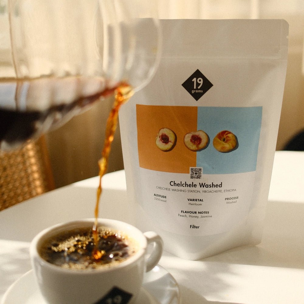 19grams Chelchele Washed Filterkaffee – Kaffeebeutel auf dem Tisch Yirgacheffe Äthiopien