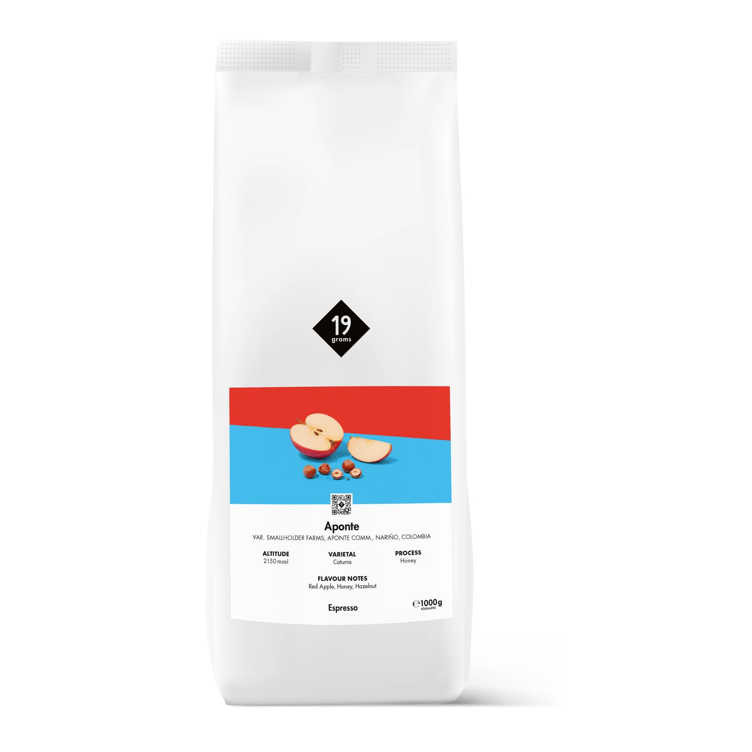 19grams Aponte Espresso 1kg Kaffeebeutel – Honey Caturra, Resguardo Aponte Nariño Kolumbien – Specialty Coffee Produktmockup