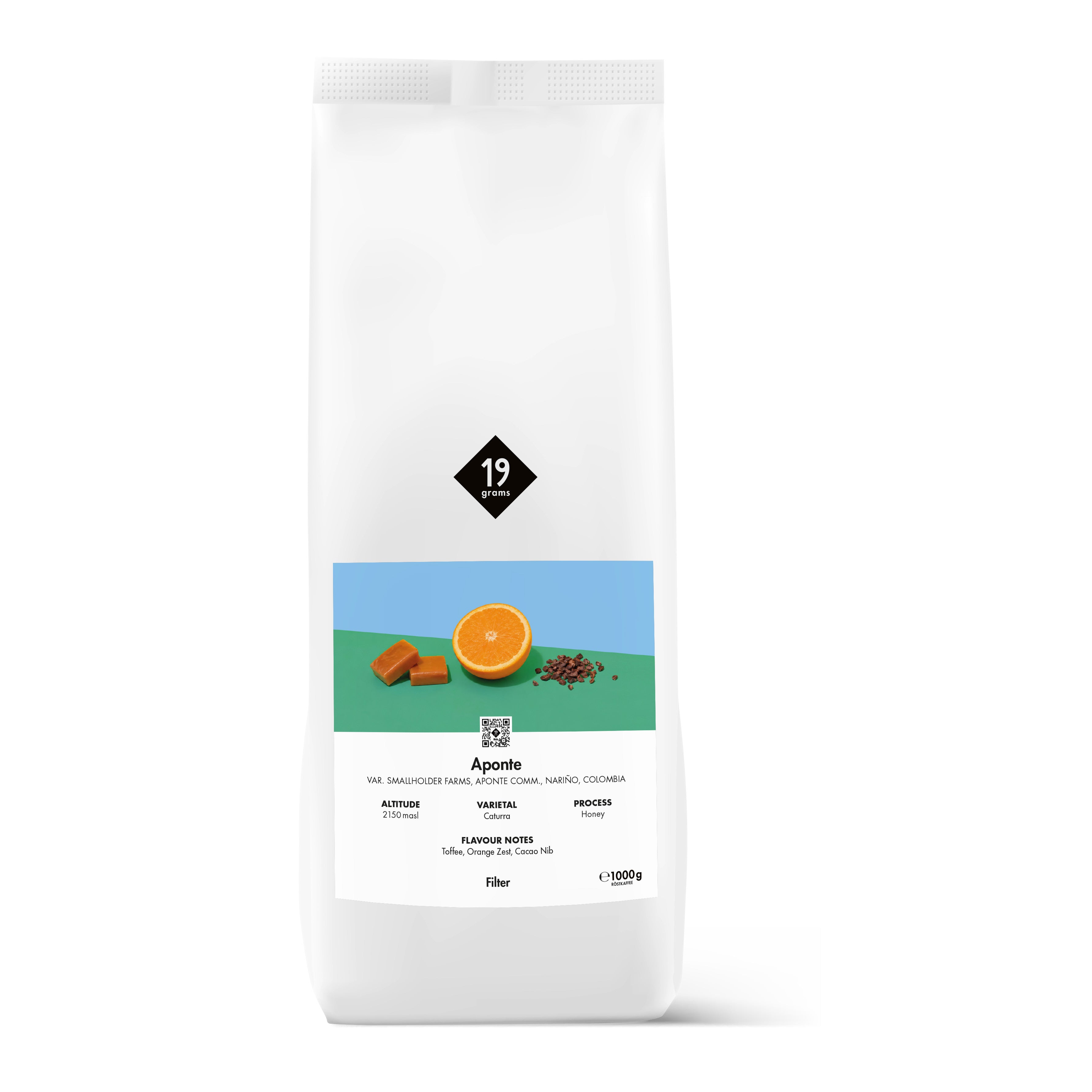 19grams Aponte Filter 1kg Kaffeebeutel – Honey Caturra, Resguardo Aponte Nariño – Himbeere, Honig, Veilchen, Specialty Coffee Mockup