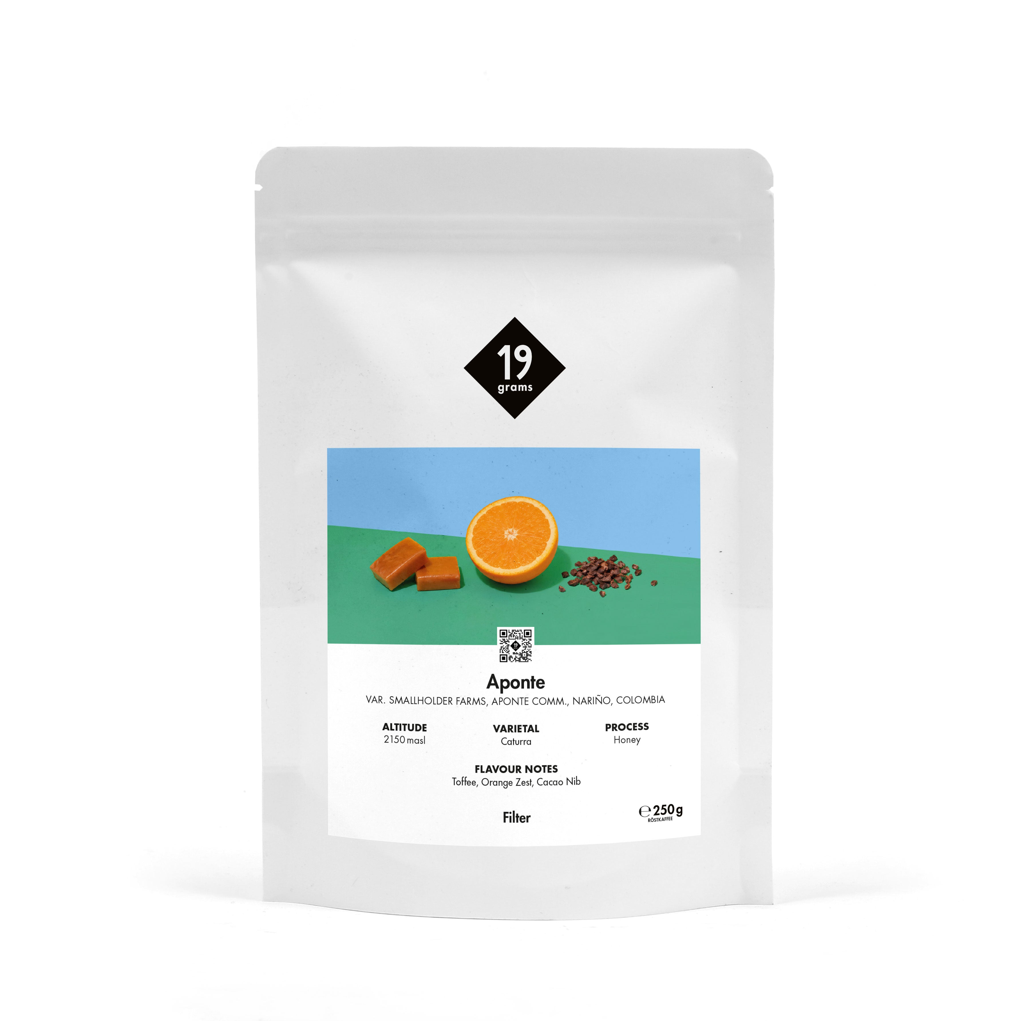 19grams Aponte Filter 250g Kaffeebeutel – Honey Caturra, Resguardo Aponte Nariño – Himbeere, Honig, Veilchen, Specialty Coffee Mockup