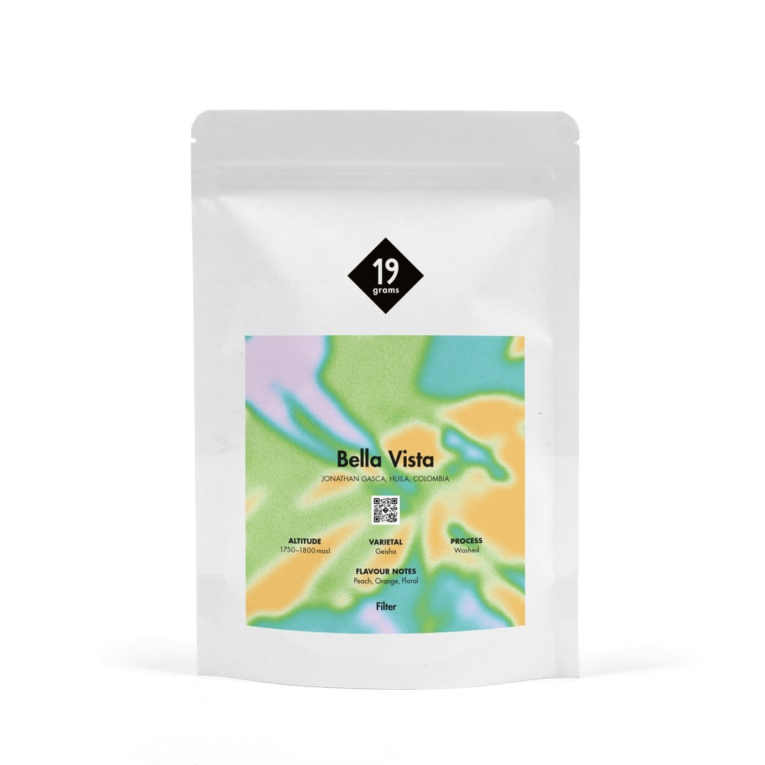 19grams Bella Vista Kaffeeverpackung aus Huila, Kolumbien – abstrakte Banderole in Türkis und Pink