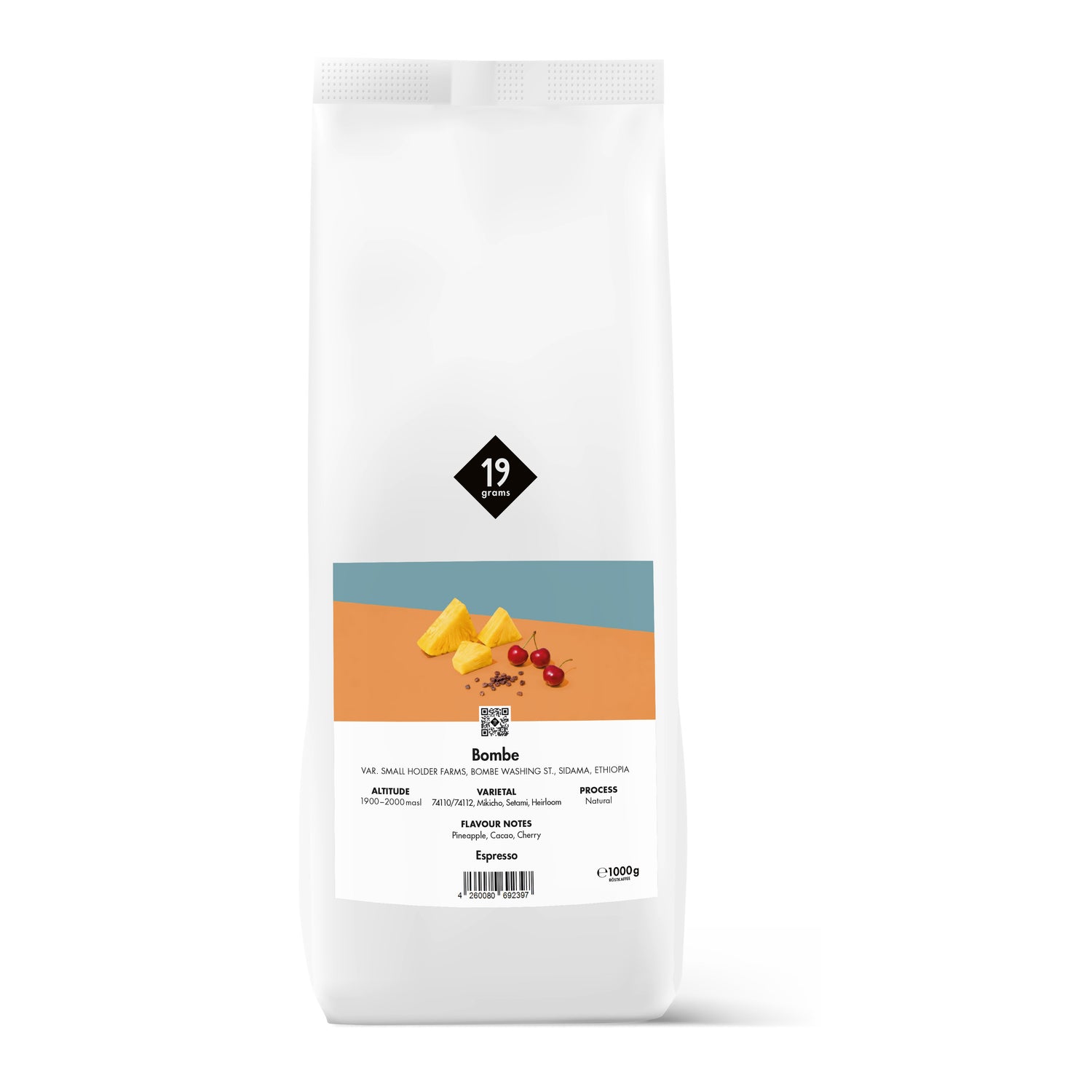 19grams Bombe Specialty Coffee Espresso – Kaffeebeutel Produktmockup, Espresso 1000g, Kaffeerösterei Berlin