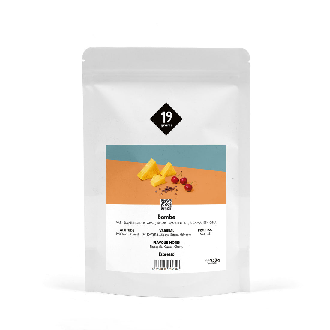 19grams Bombe Specialty Coffee Espresso – Kaffeebeutel Produktmockup, Espresso 250g, Kaffeerösterei Berlin