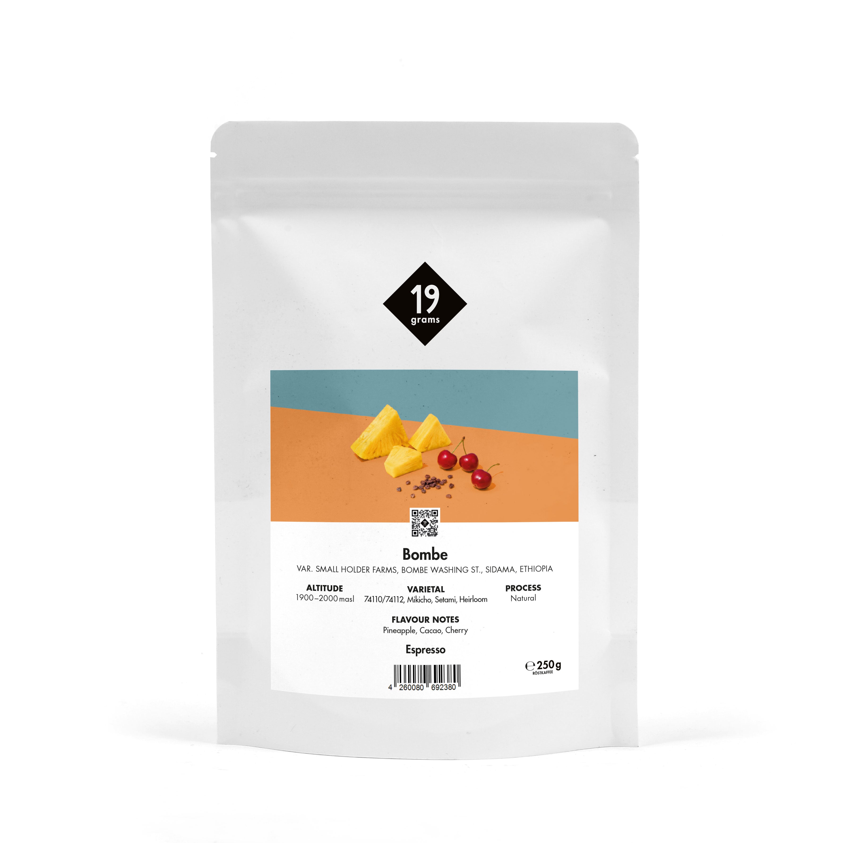 19grams Bombe Specialty Coffee Espresso – Kaffeebeutel Produktmockup, Espresso 250g, Kaffeerösterei Berlin