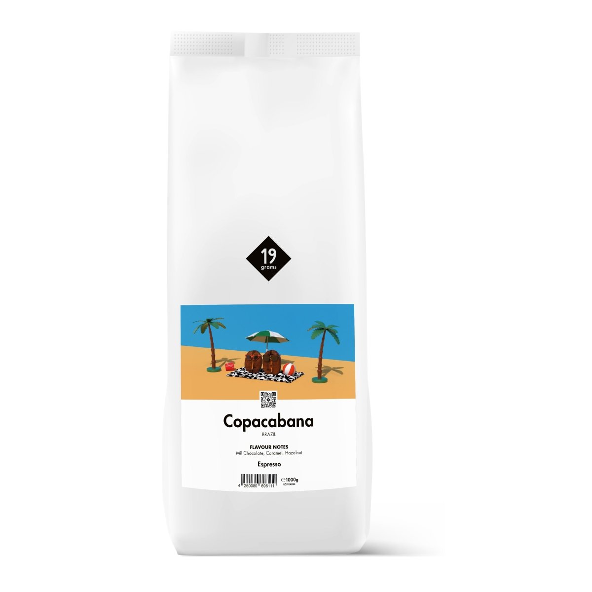 19grams „Copacabana" Espresso 1kg – Freisteller mit tropischer Strandillustration, Palmen und Sonnenschirm