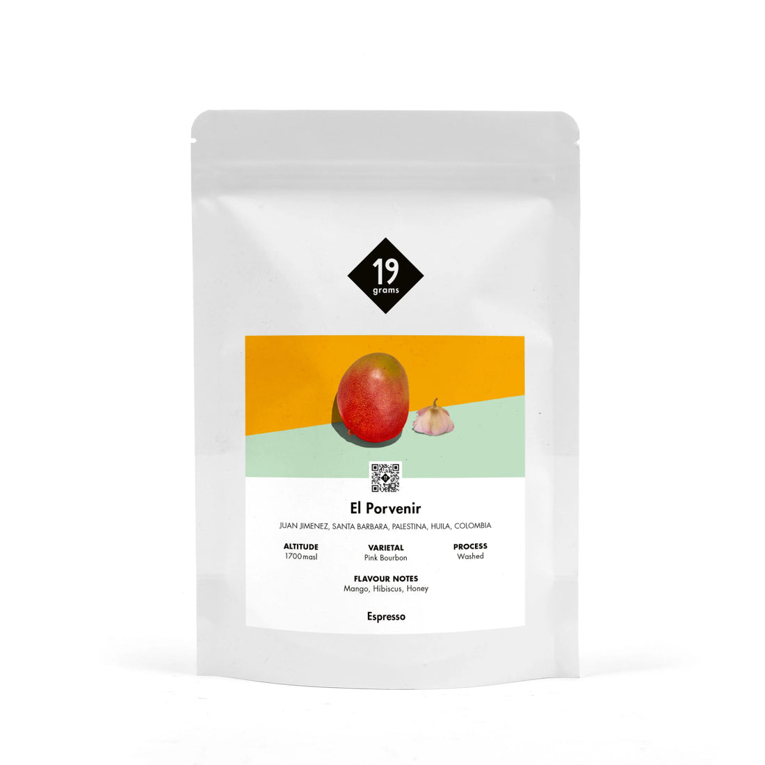 19grams El Porvenir Kolumbien Espresso Kaffeebeutel – Specialty Coffee mit Noten von Mango und Honig, geröstet von 19grams.live Roasters Berlin