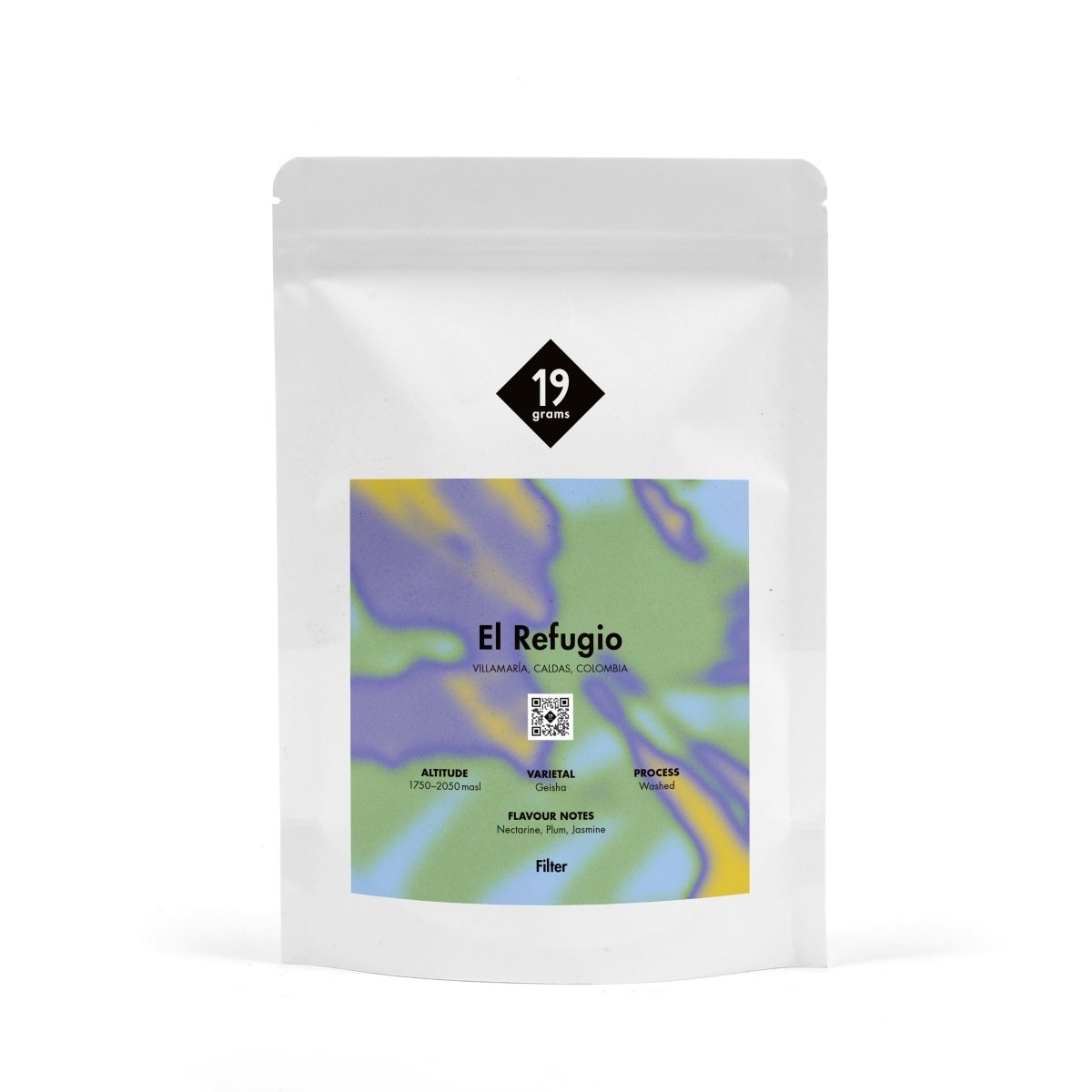 19grams Kaffeeverpackung „El Refugio" Filter aus Kolumbien mit buntem abstraktem Banderolen-Design in Gelb, Lila und Grün