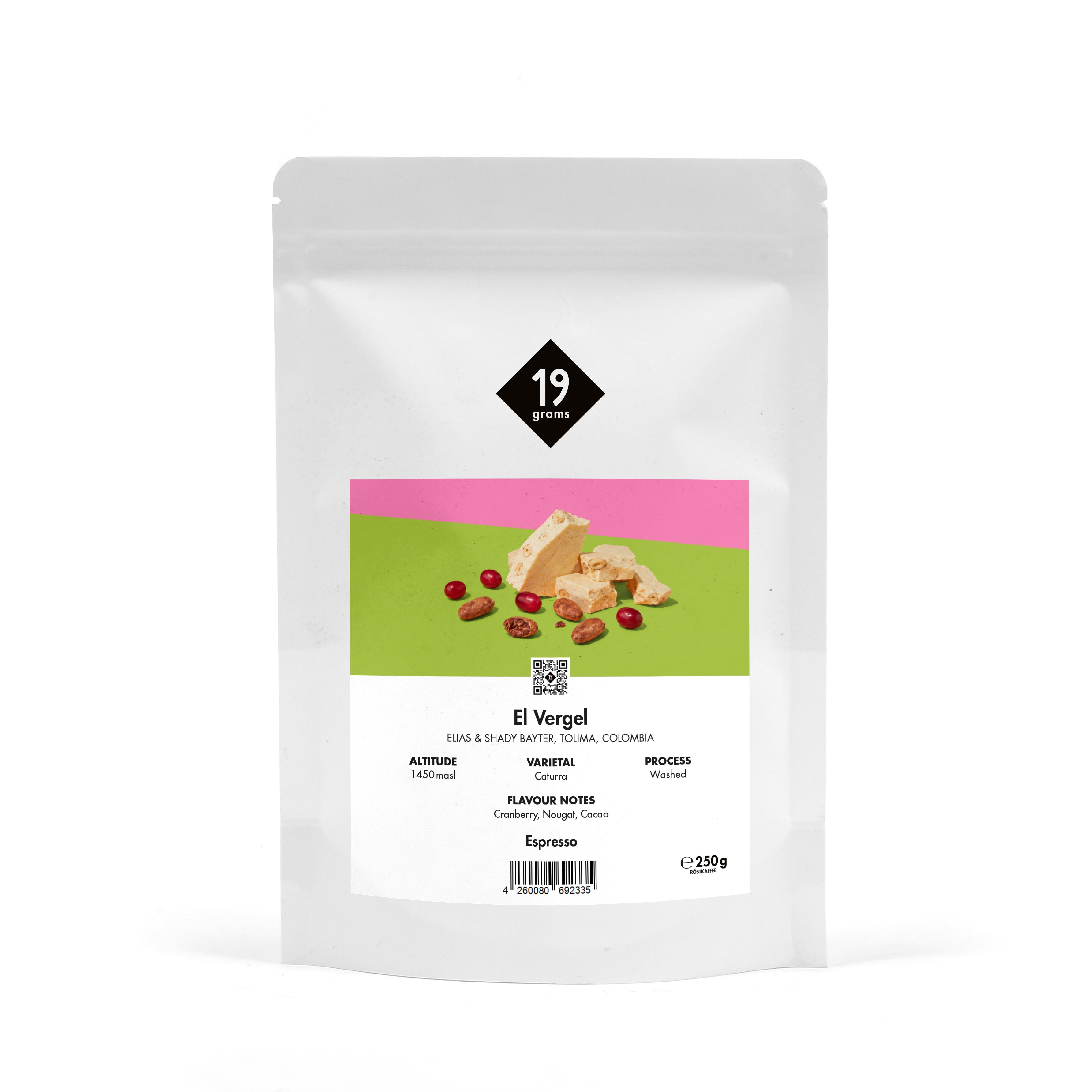 19grams El Vergel Specialty Coffee Espresso – Kaffeebeutel Produktmockup, Espresso 250g, Kaffeerösterei Berlin