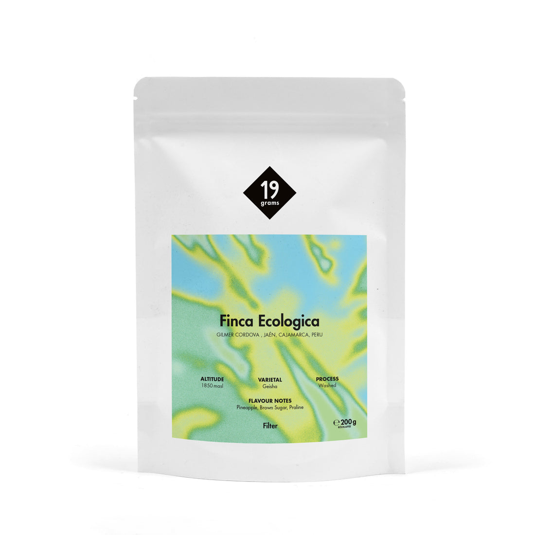 19grams Finca Ecológica Peru 250g Kaffeebeutel Produktmockup – Biologisch angebauter Specialty Coffee aus Peru, geröstet von 19grams.live Roasters Berlin
