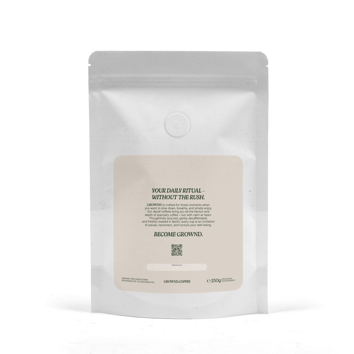 GROWND Decaf Kaffee – Verpackungsrückseite Master Label Design alle Sorten