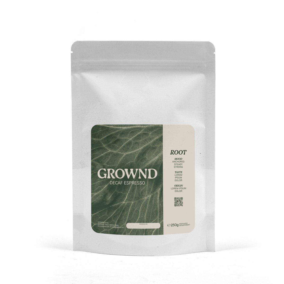 GROWND Decaf Root – Label Vorderansicht entkoffeinierter Kaffee Specialty Coffee