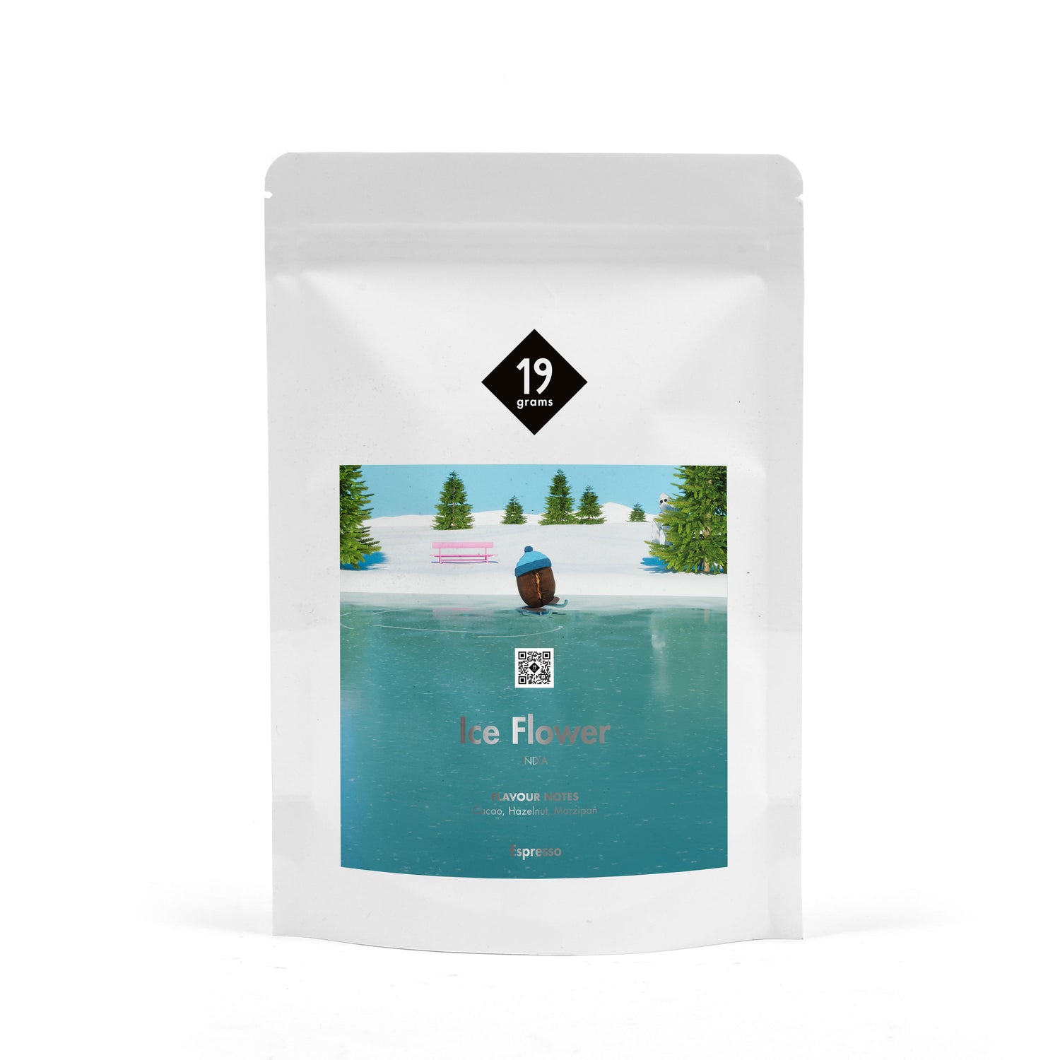 19grams Ice Flower Specialty Coffee Espresso – Kaffeebeutel Produktmockup mit winterlicher Eislandschaft-Illustration, Kaffeerösterei Berlin