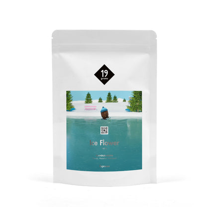 19grams Ice Flower Specialty Coffee Espresso – Kaffeebeutel Produktmockup mit winterlicher Eislandschaft-Illustration, Kaffeerösterei Berlin