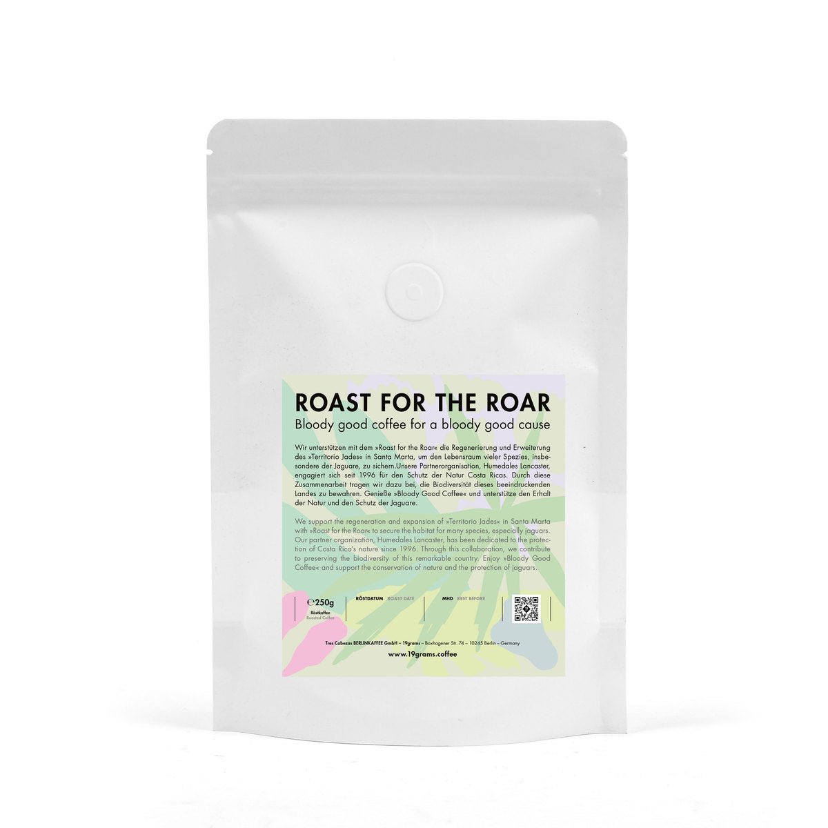 19grams Roast for the Roar 250g Kaffeebeutel Rückseite – Jaguar-Schutzprojekt Costa Rica, Specialty Coffee von 19grams Berlin