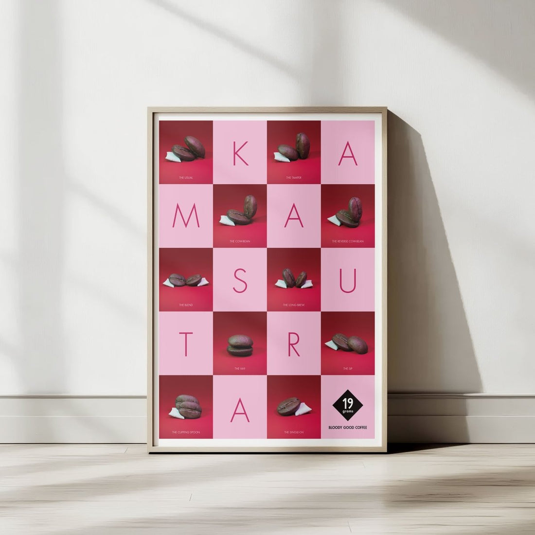 19grams.live Kamasutra Poster – Produktmockup des Kaffee-Illustrationsposters