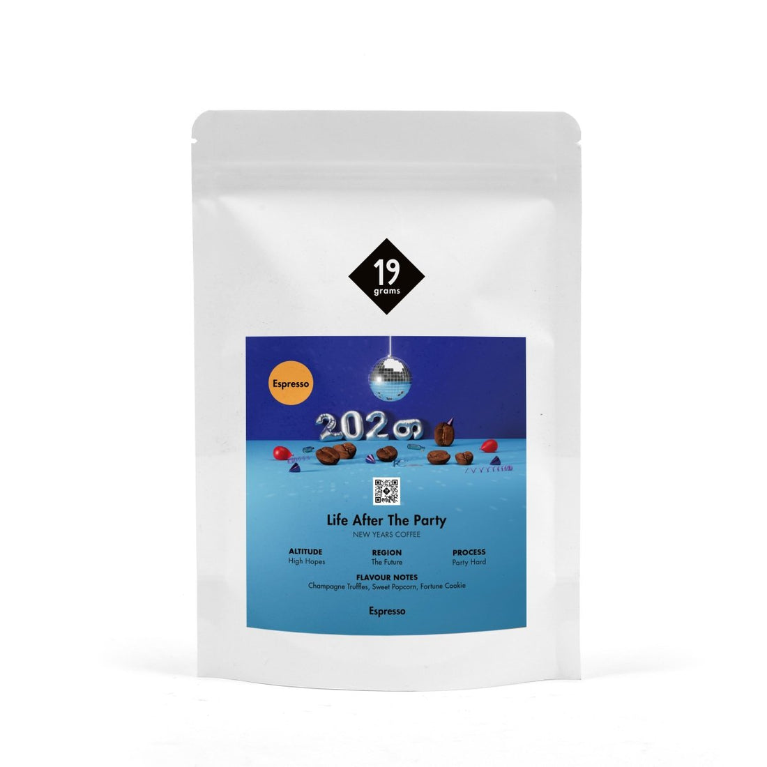 19grams Life After The Party Espresso – Produktmockup 250g Packung Silvester-Edition