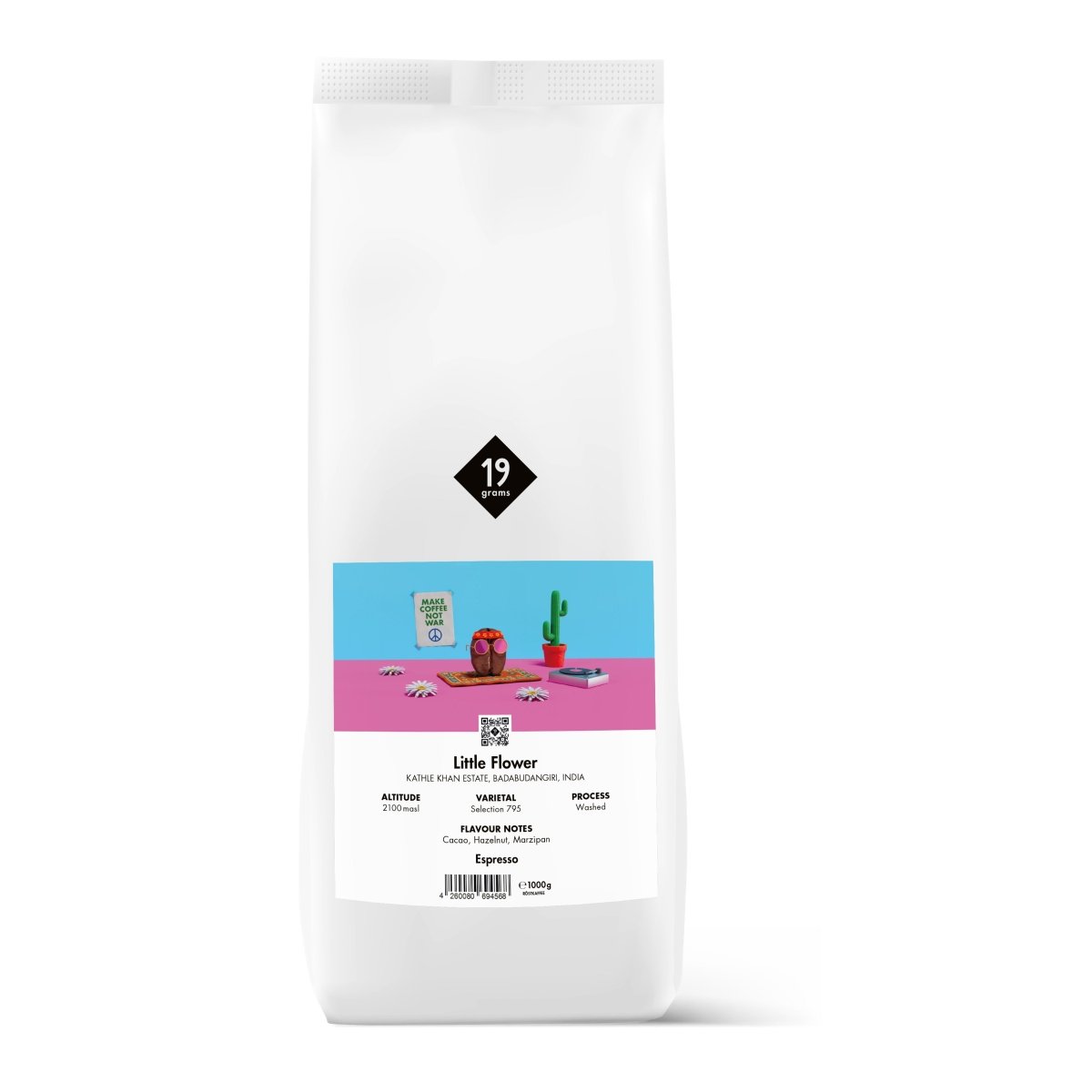 Produktmockup 19grams Kaffeeverpackung „Little Flower" Espresso 1kg mit buntem Wüsten-Design auf weißem Hintergrund