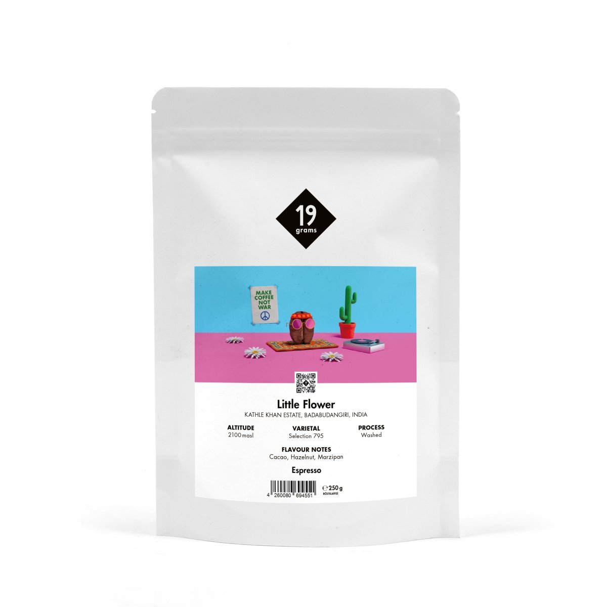 Produktmockup 19grams Kaffeeverpackung „Little Flower" Espresso 250g – buntes Wüsten-Design mit Kaktus auf weißem Hintergrund