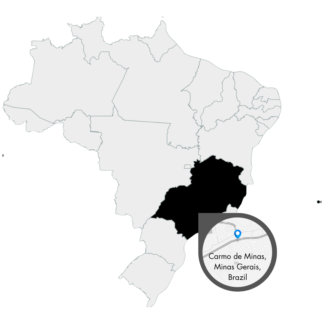 19grams Karte Brasilien – Carmo de Minas als Kaffeeregion der Fazenda Sertão markiert, Herkunftskarte von 19grams.live Roasters Berlin