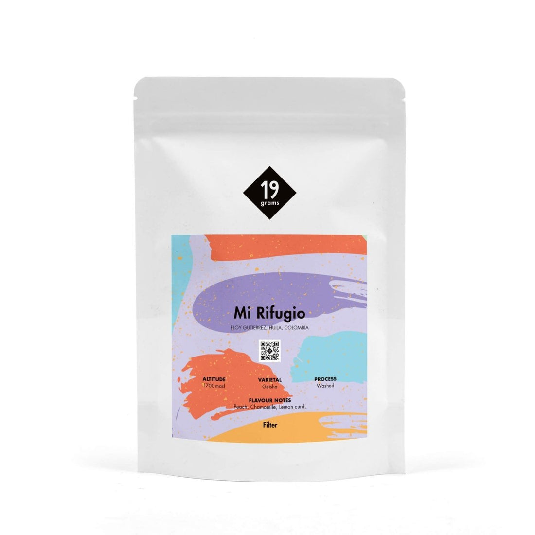 19grams Mi Refugio Geisha Filterkaffee aus Kolumbien – Specialty Coffee Kaffeebeutel auf weißem Hintergrund, geröstet von 19grams.live Roasters Berlin