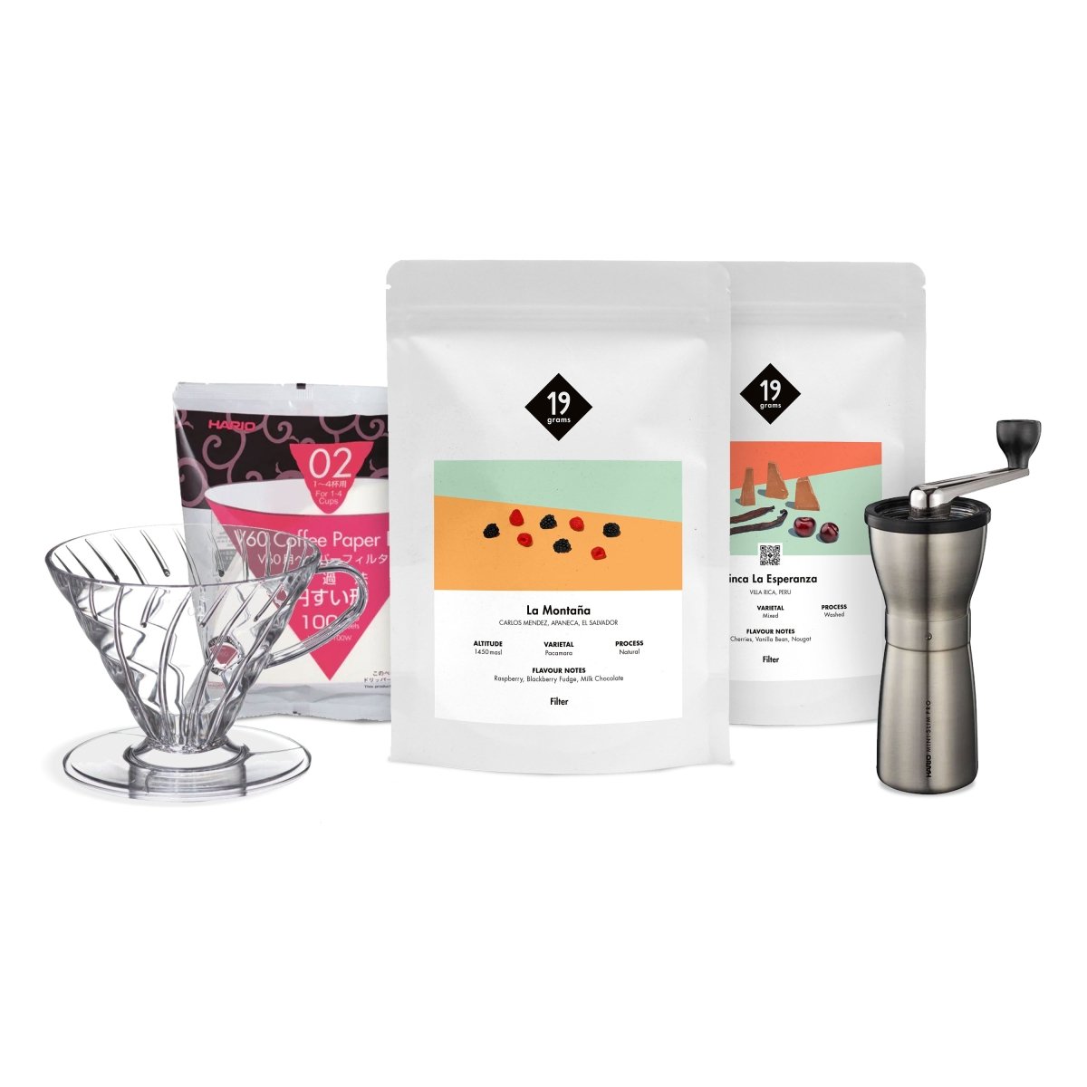 Das Starter Filterkaffee Bundle von 19grams mit Filter, Filterpapier, Handmühle und Kaffeebeutel 