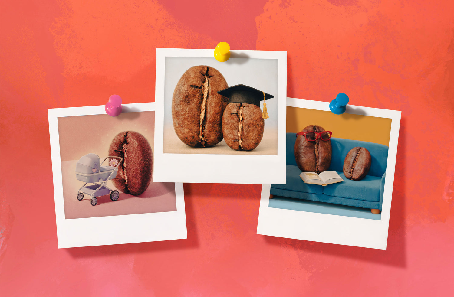 19grams Muttertagskampagne – drei Polaroid-Fotos mit witzigen Kaffeebohnen-Figuren auf rotem Hintergrund – Specialty Coffee Geschenkidee Muttertag
