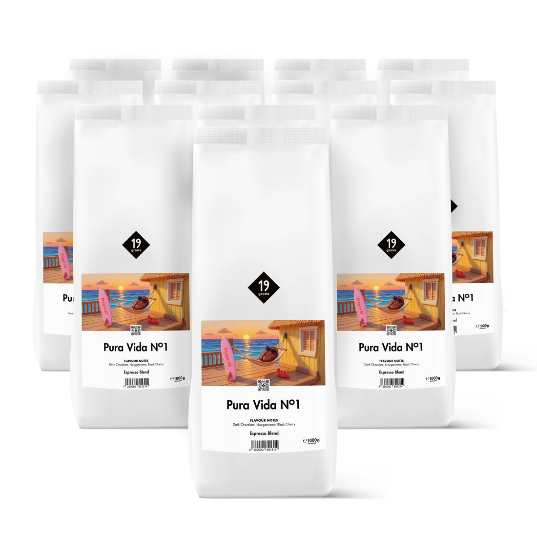 19grams Pura Vida N°1 Specialty Coffee Espresso Blend – Kaffeebeutel Produktmockup 1000g mit Strand-Illustration, Kaffeerösterei Berlin