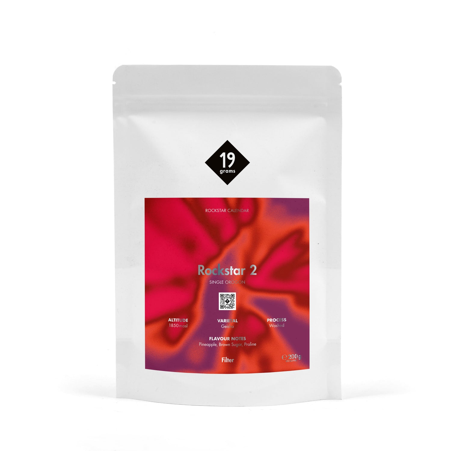 19grams Rockstar 2 Specialty Coffee – 19grams Kaffeebeutel mit rot-violettem Rockstar Calendar Design, Single Origin Filterkaffee 200g, Kaffeerösterei Berlin