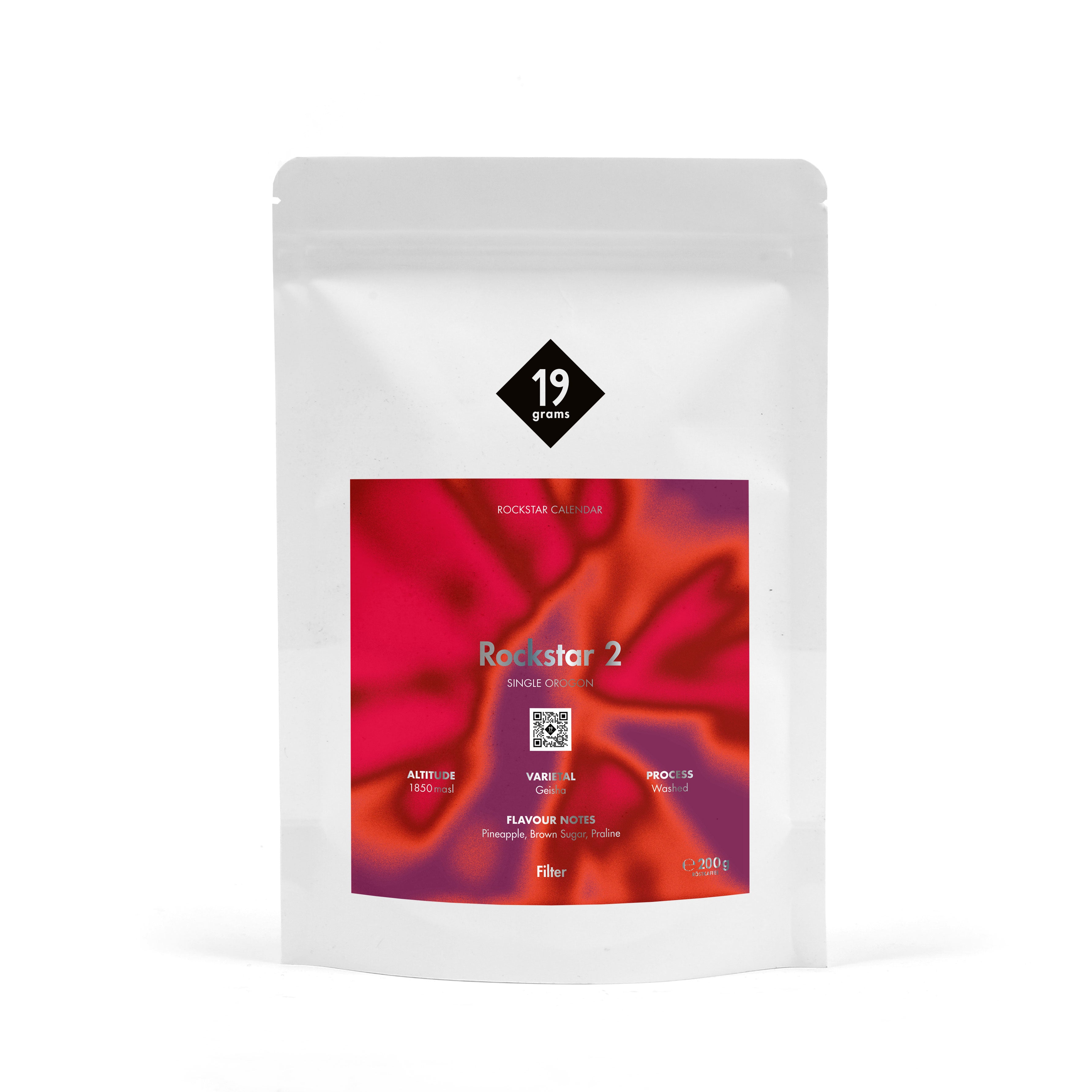 19grams Rockstar 2 Specialty Coffee – 19grams Kaffeebeutel mit rot-violettem Rockstar Calendar Design, Single Origin Filterkaffee 200g, Kaffeerösterei Berlin