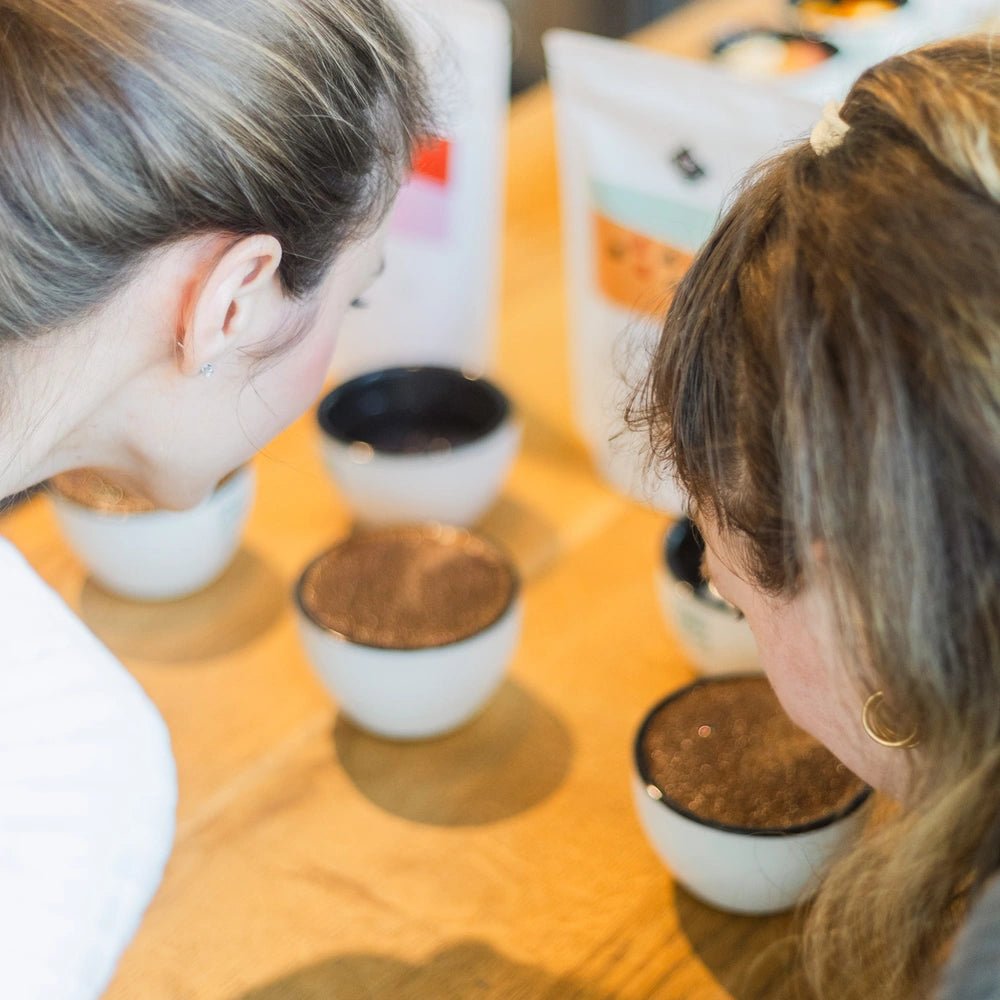 Teilnehmerin riecht an Kaffeeschalchen beim 19grams Sensorik-Training Aroma Workshop mit Arundhati Shenoy – Kaffeeverkostung und Aromenschulung Specialty Coffee Berlin