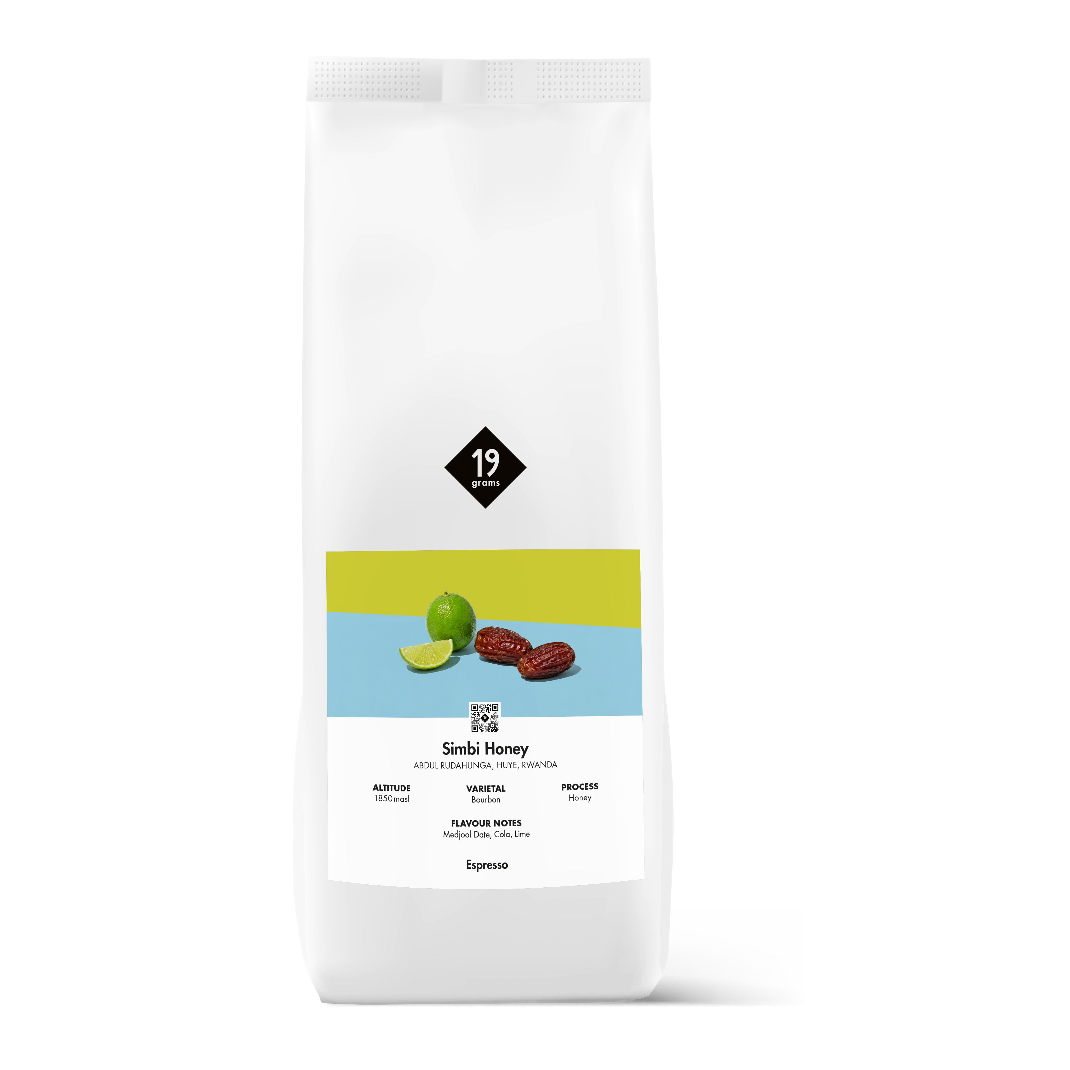 19grams Simbi Honey Espresso 1kg Kaffeebeutel Produktmockup – Honey Bourbon, Ruanda Uganda, Espresso Specialty Coffee Rösterei