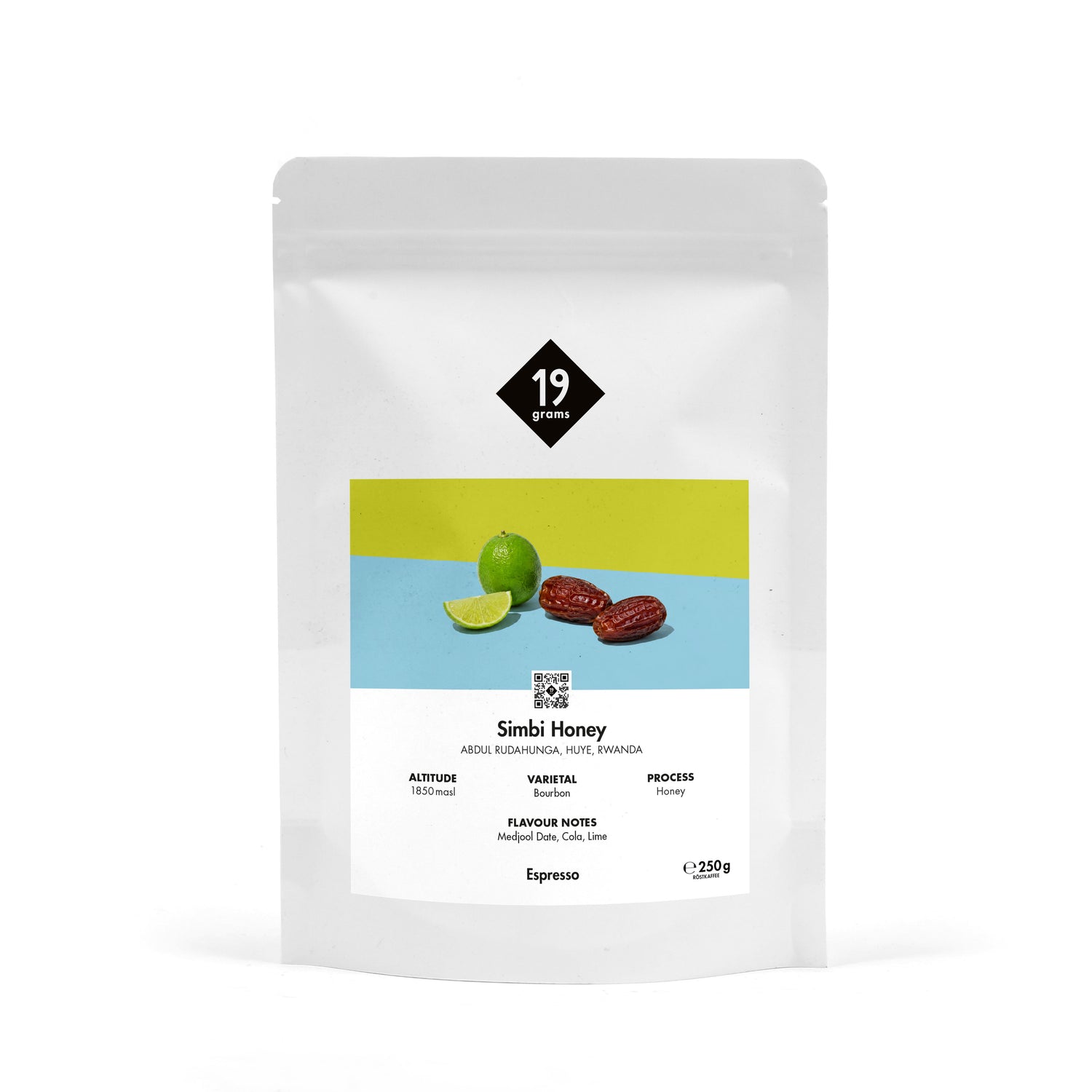 19grams Simbi Honey Espresso 250g Kaffeebeutel Produktmockup – Honey Bourbon, Ruanda Uganda, Espresso Specialty Coffee Berlin