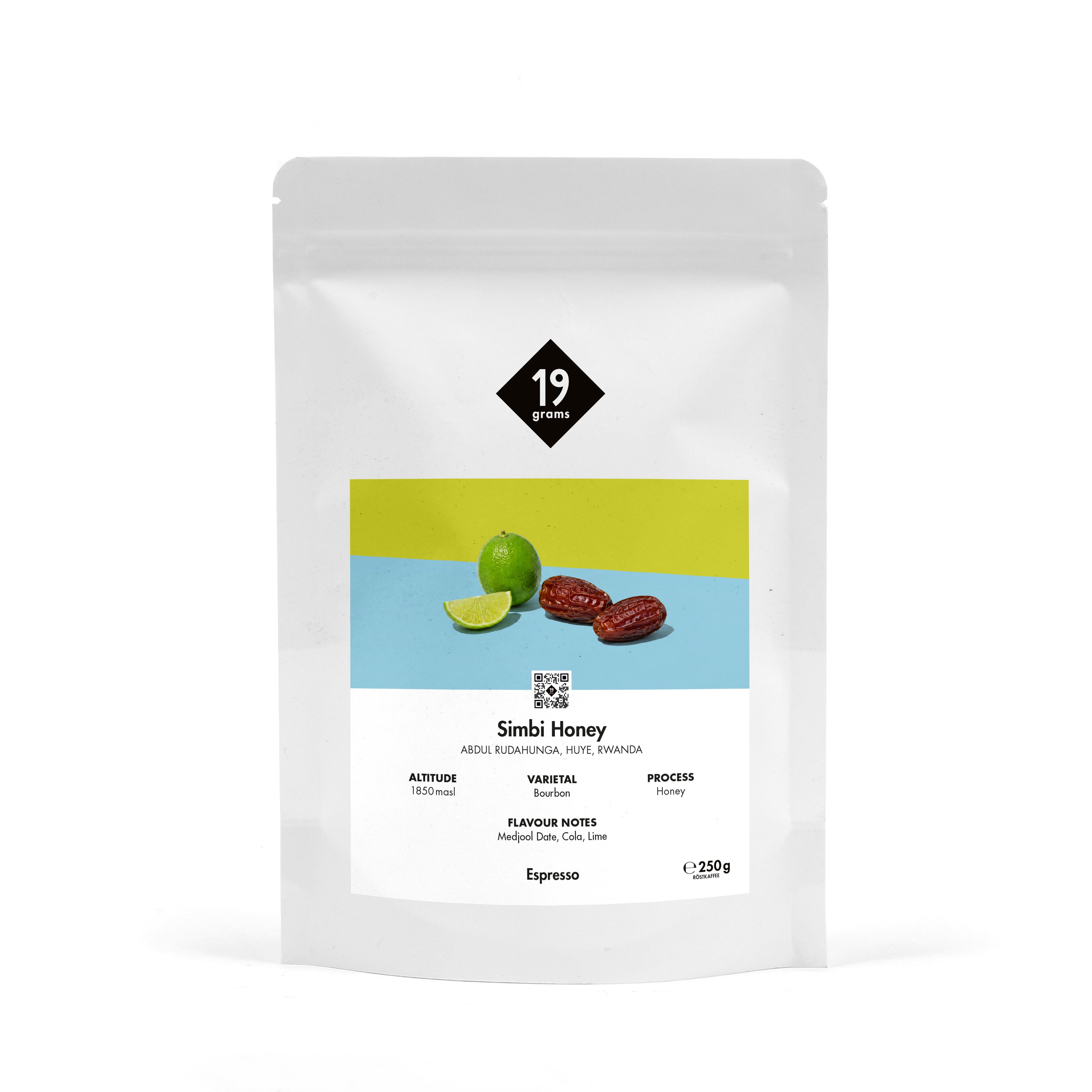 19grams Simbi Honey Espresso 250g Kaffeebeutel Produktmockup – Honey Bourbon, Ruanda Uganda, Espresso Specialty Coffee Berlin