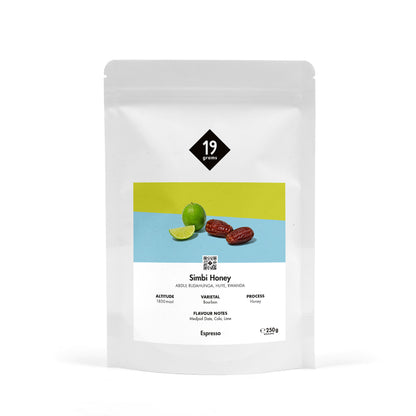 19grams Simbi Honey Espresso 250g Kaffeebeutel Produktmockup – Honey Bourbon, Ruanda Uganda, Espresso Specialty Coffee Berlin